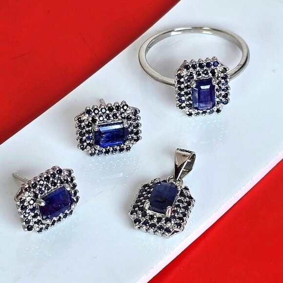 Natural Sapphire set 925 Sterling Silver Earrings Pendant Ring 7.25 - Picture 8 of 8